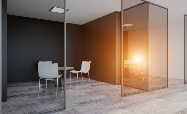 现代办公内阁。会议室。3 d渲染…窗户上有灯光。图片下载