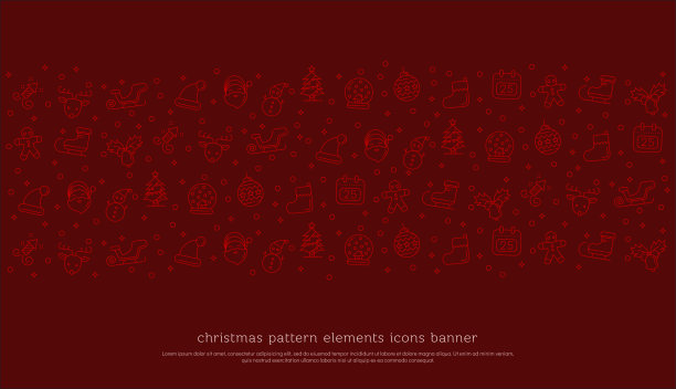 圣诞快乐图案元素图标横幅设置。圣诞插图设计的卡片，海报，旗帜在红色的背景。可编辑的中风图片下载