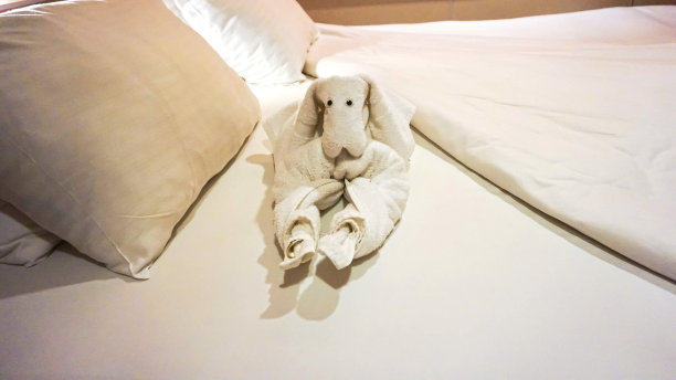 白色毛巾折叠成一只折纸狗在游轮上。图片下载