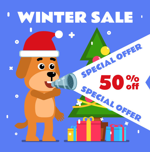 欢快的狗通过扩音器说话。冬季销售海报图片下载
