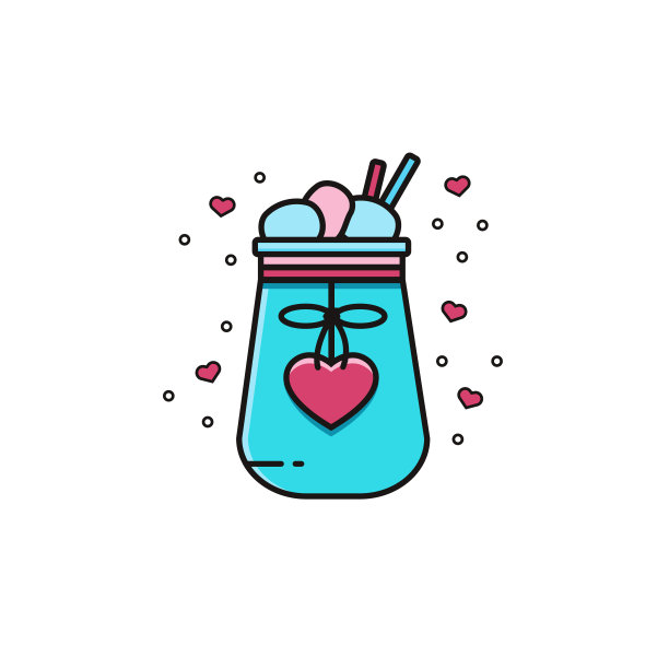 瓶可可与棉花糖平面颜色线图标上孤立的背景。用心形装饰的杯子盛着热巧克力。矢量图像的热饮菜单设计，情人节的邀请卡。图片下载