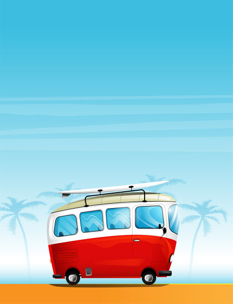 带冲浪板的嬉皮士卡通小货车图片下载
