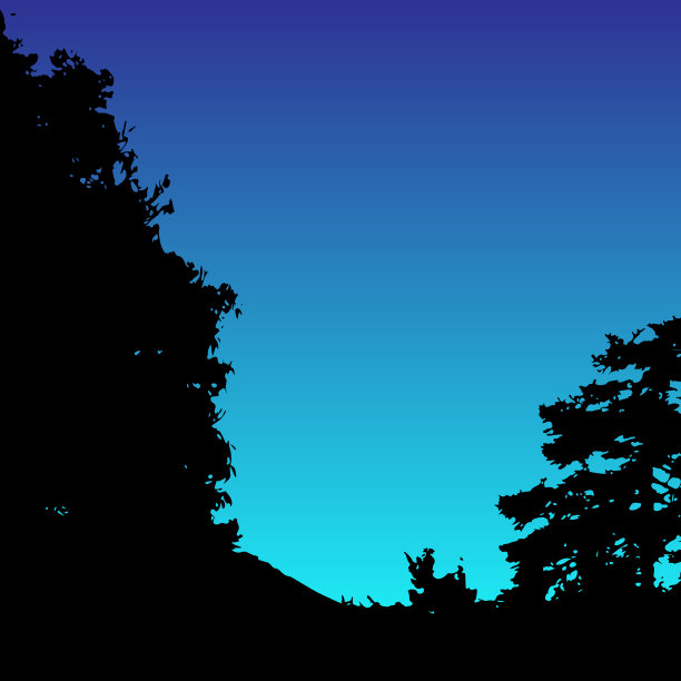 向量景观轮廓。真实的树木，树林，山丘和山的轮廓在夜晚和傍晚的天空。室外自然场景图片下载