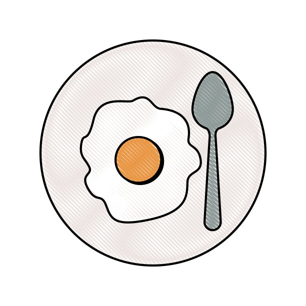 用彩色蜡笔剪影在白色背景上煎蛋，勺放在盘子里图片下载