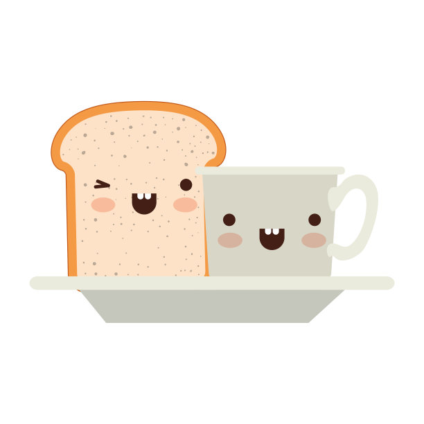 卡哇伊咖啡杯和面包片碟在白色的背景上五颜六色的剪影图片下载