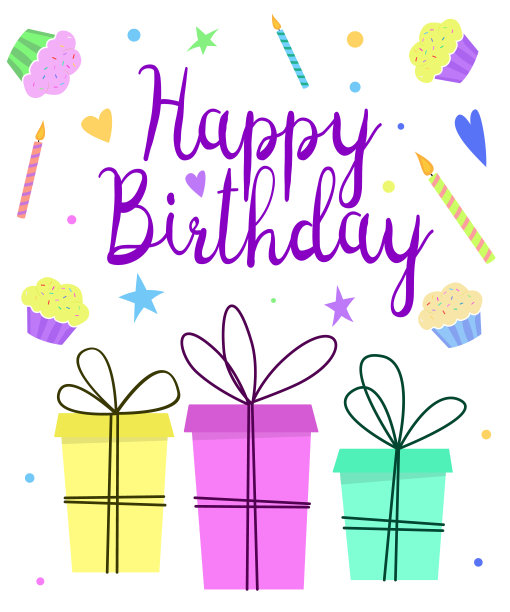 生日贺卡设计可爱的礼盒，蜡烛，蛋糕和字母。图片下载