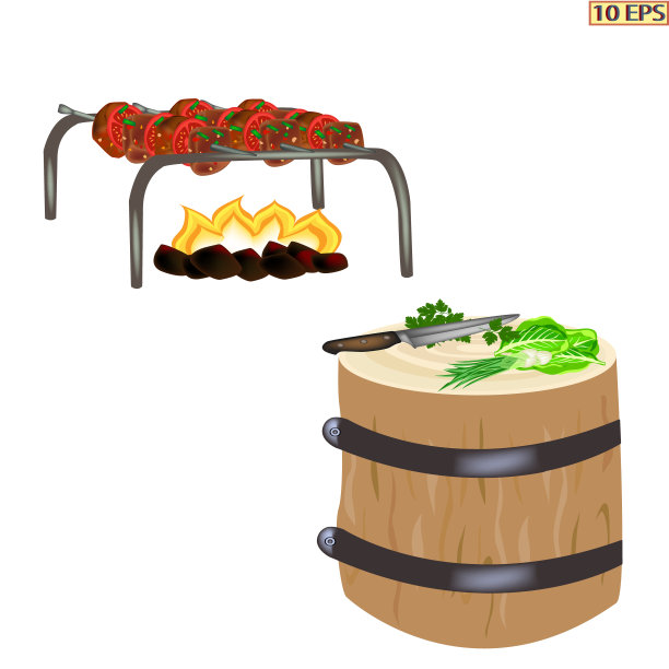 烤肉串。烤肉串上的肉在火上烤着。在篝火上烤牛排。野餐。矢量插图。图片下载