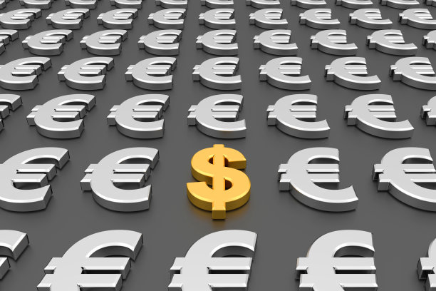 黄金美元符号在银欧元符号中间。3 d渲染。图片下载