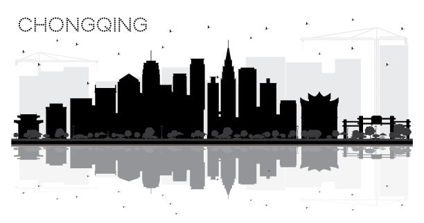 重庆中国城市天际线黑白剪影与反思。图片下载