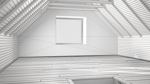 空房间、阁楼、阁楼、拼花木地板、木天花板梁、建筑室内设计的未完作品图片下载