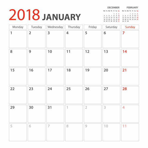 日历计划模板2018年1月。一周星期一图片下载