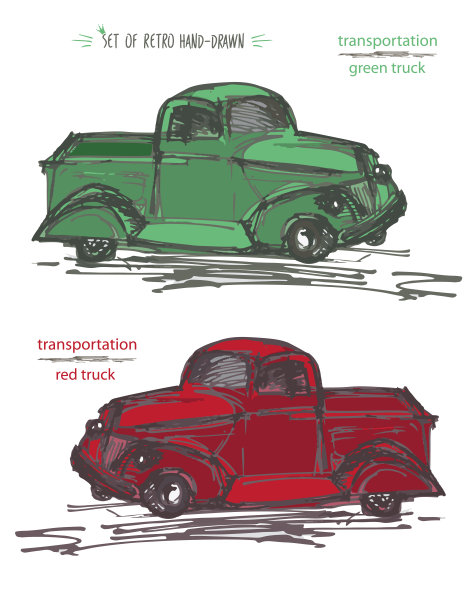 设置复古车矢量插图。复古手绘卡车在水墨笔触素描风格孤立的白色背景图片下载