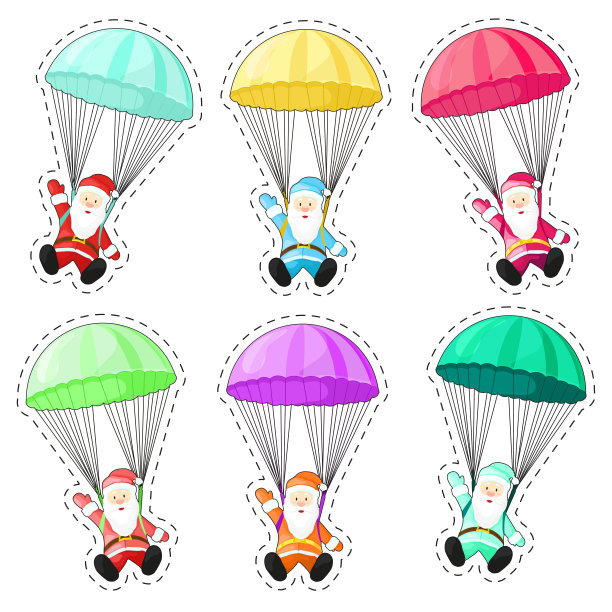 给圣诞老人准备降落伞。矢量插图卡通风格。圣诞老人被孤立在白色背景上。圣诞节的照片。图片下载
