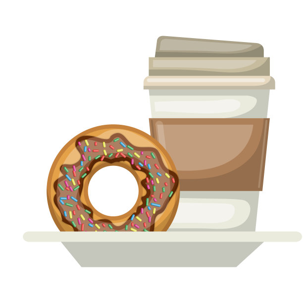一次性咖啡杯和巧克力甜甜圈釉面盘在彩色剪影在白色的背景图片下载