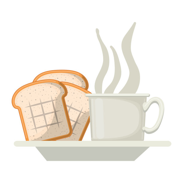 咖啡杯和面包片碟在白色的背景彩色剪影图片下载