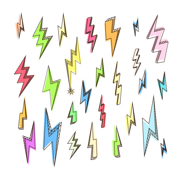 一套彩色的雷手绘涂鸦矢量插图。图片下载