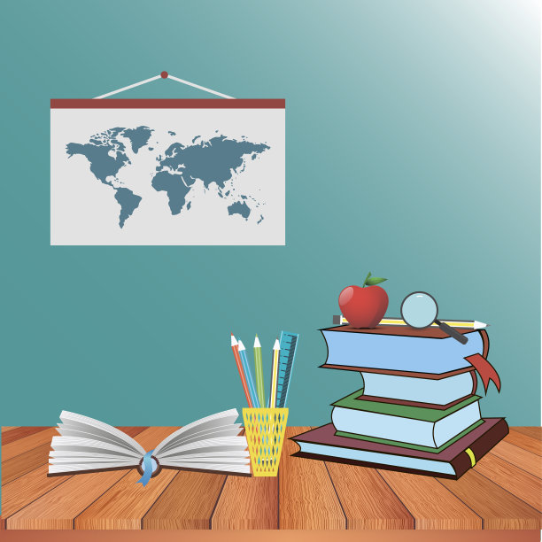 桌上一摞书的旁边放着一本打开的书。图片下载