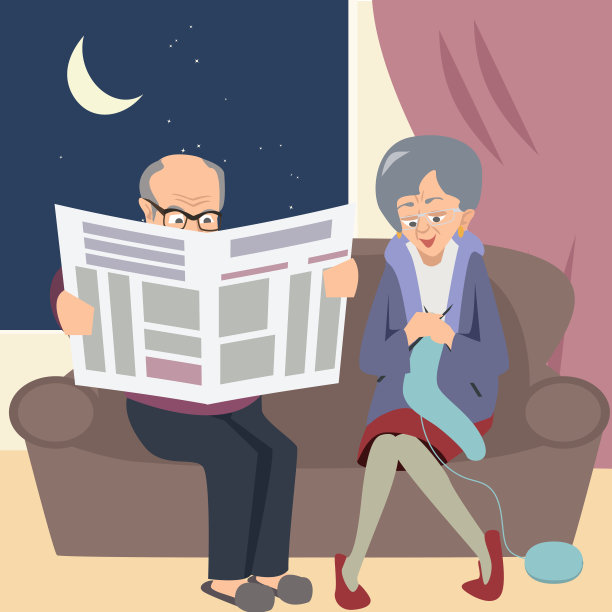 一对老年夫妇晚上在家编织和阅读矢量插图图片下载