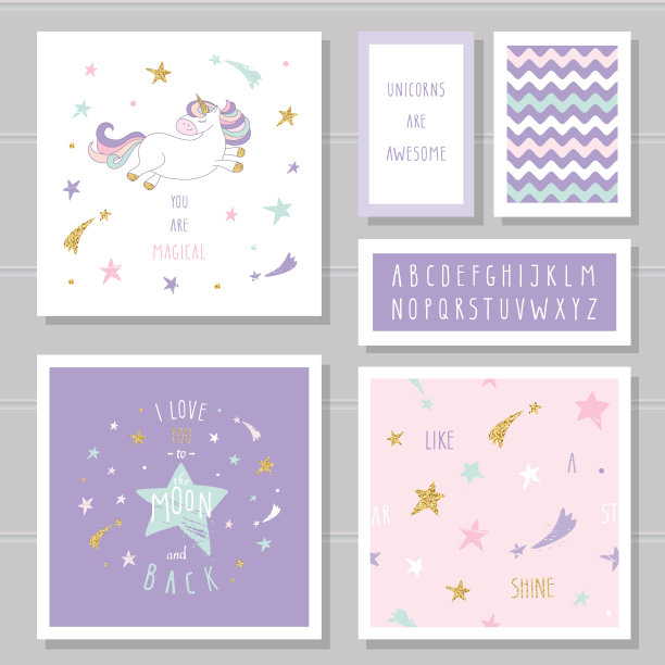 有独角兽和金色闪亮星星的可爱卡片。图片下载