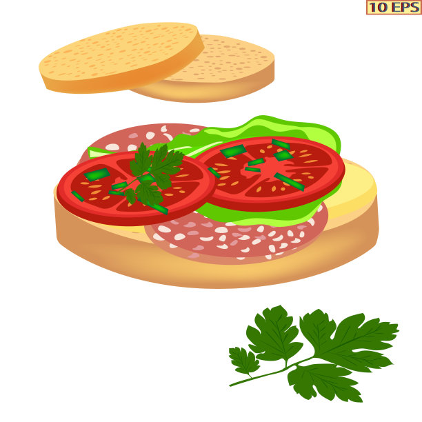 三明治配黄油，香肠，奶酪，西红柿，欧芹。美味的香肠三明治。早餐吃新鲜的三明治。切片面包配香肠和奶酪。图片下载