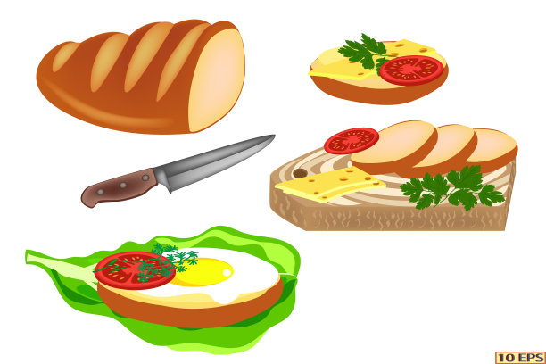 三明治加黄油、奶酪和西红柿。祝酒。面包。切片面包做三明治。矢量插图孤立在白色背景。图片下载