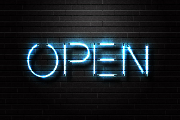 矢量现实孤立霓虹标志开放字体装饰和覆盖在墙壁背景。图片下载