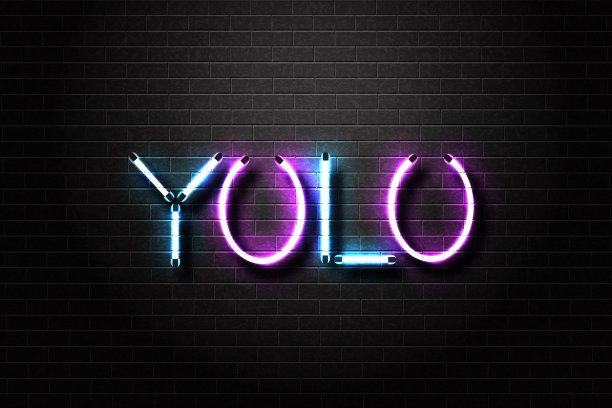 矢量现实孤立的霓虹灯Yolo字母装饰和覆盖在墙壁背景。动机和疯狂的概念。图片下载