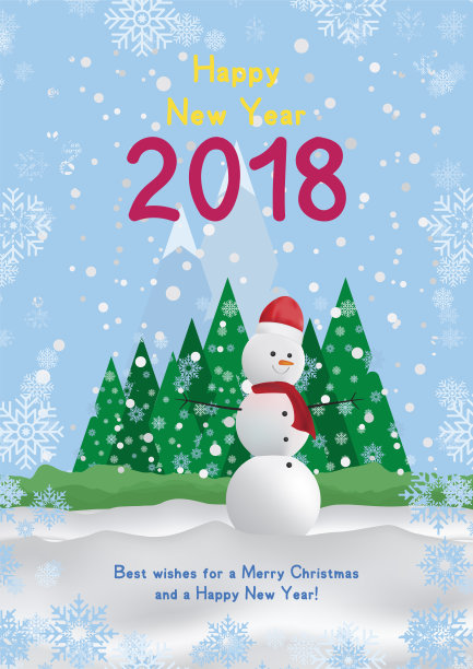 有新年和圣诞快乐的节日海报。贺卡上有一个雪人在树和雪山的背景。平面矢量插图EPS10图片下载