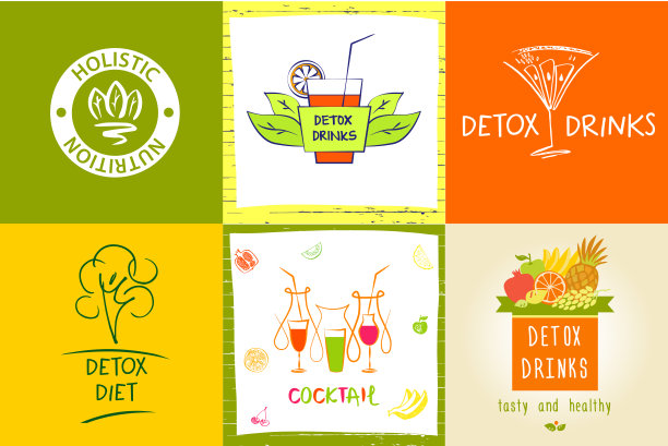 一套矢量图像排毒水饮料，饮食和整体营养的颜色背景。菜单咖啡厅、餐厅的新鲜健康果汁和食物手绘插图图片下载