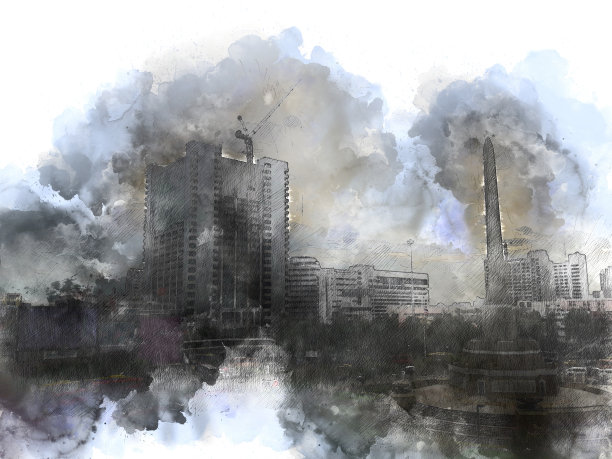 抽象建筑以水彩画为背景。城市上的数字插画刷艺术图片下载