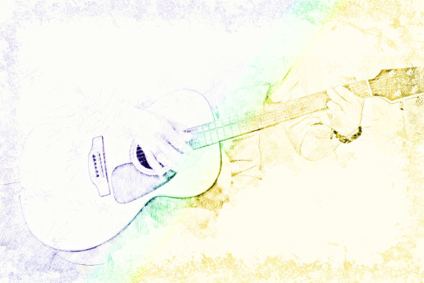 抽象美丽的吉他演奏前景上的水彩画背景和数字插图画笔艺术。图片下载