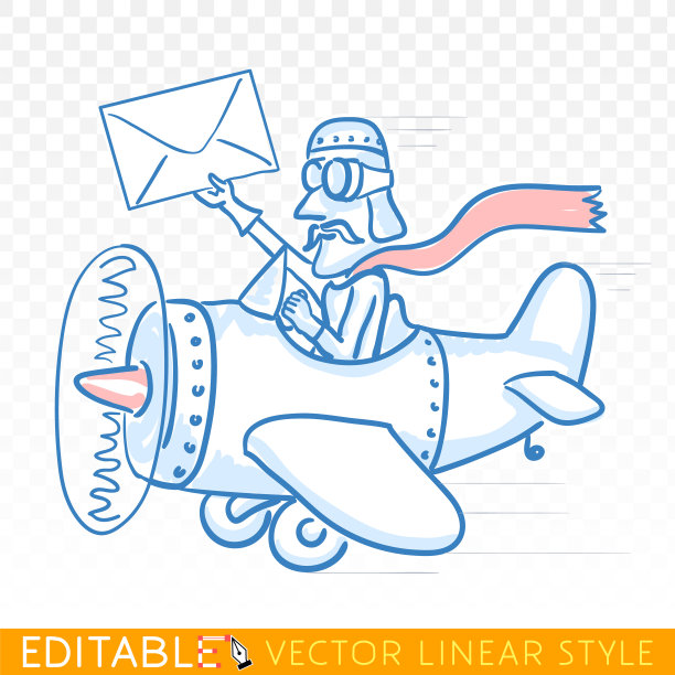 快速的邮件。快速空运。快递运输。有趣的空气邮差。可编辑的素描漫画在蓝色墨水风格。手绘涂鸦矢量插图。图片下载