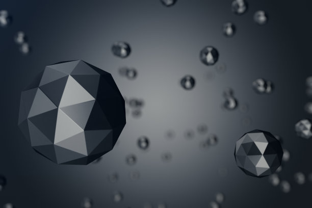 低多边形球体的3D插图抽象背景与散焦效果。多边形球体在黑色的背景空间。未来的背景为您的设计。素材图片