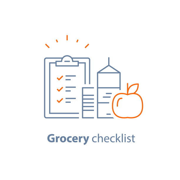 商店食品和饮料订单，食品杂货店特别优惠促销，清单和剪贴板矢量线图标图片下载