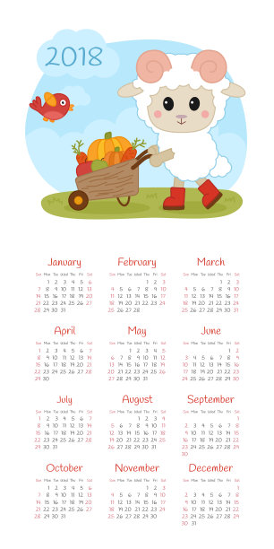 日历2018年。周日开始一周图片下载