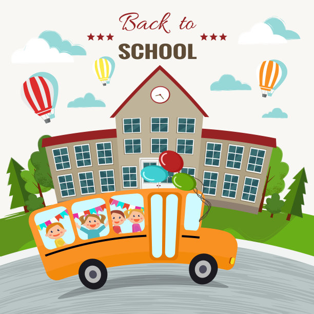 欢迎回到学校矢量插图。学校和校车素材图片
