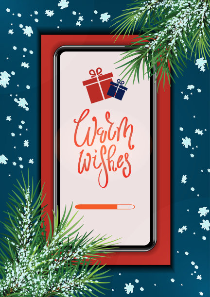 现代科技和假期。屏幕上有节日装饰的智能手机。恭喜你，网上购物。特写镜头。图片下载