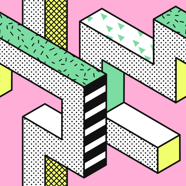 抽象无缝模式与三维几何形状。时尚80年代90年代的面料设计。时尚潮人的背景。矢量图素材图片