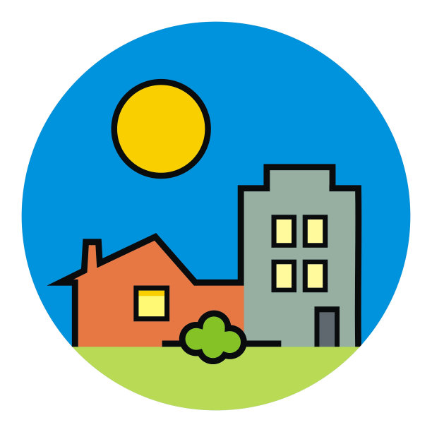 镇，一组房子，彩色的插图在蓝色的圆框图片下载