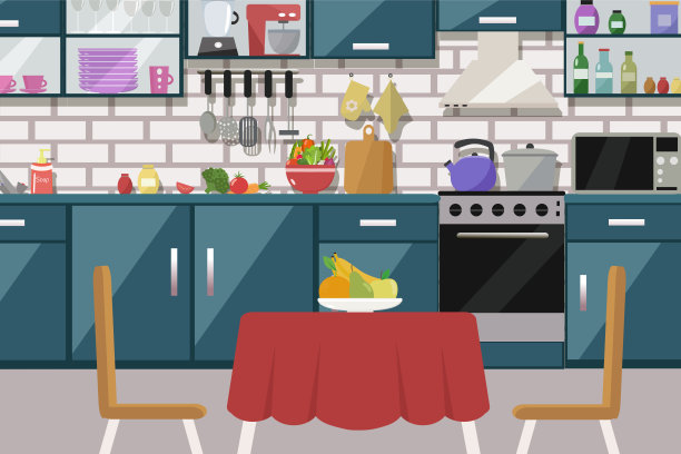 厨房内部有桌子，炉子，橱柜，盘子，电器图片下载