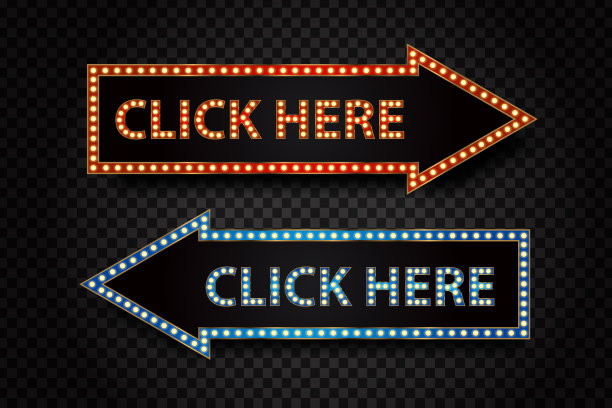 矢量现实孤立的霓虹灯与文本复古标志箭头，点击这里覆盖和装饰网站上的透明背景。赌场界面的概念。图片下载