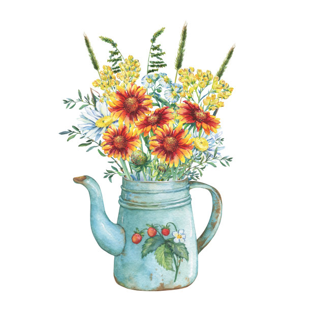 复古的蓝色金属茶壶，草莓图案和毯子和不朽的花的花束。水彩手绘插图，孤立的白色背景。图片下载