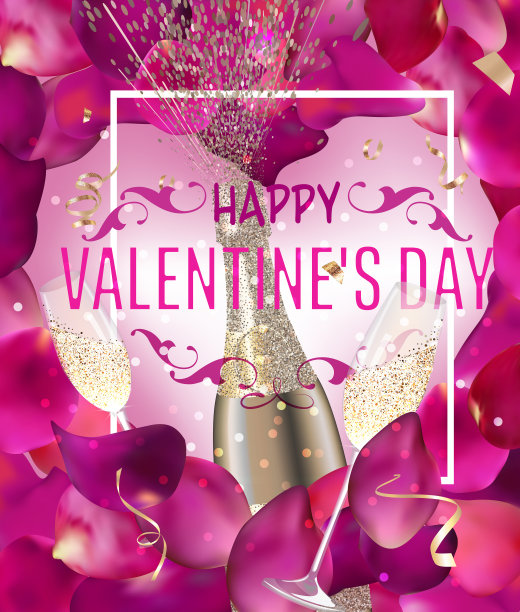 情人节贺卡与红玫瑰花瓣，瓶子和酒杯的香槟，蛇形图片下载