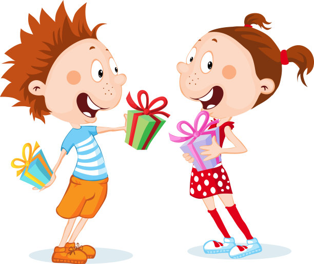 儿童-男孩和女孩拆开礼物孤立-矢量插图图片下载