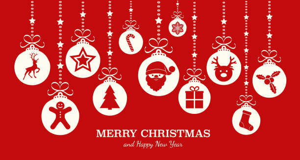 圣诞背景用挂着的小装饰品和祝福。向量。图片下载