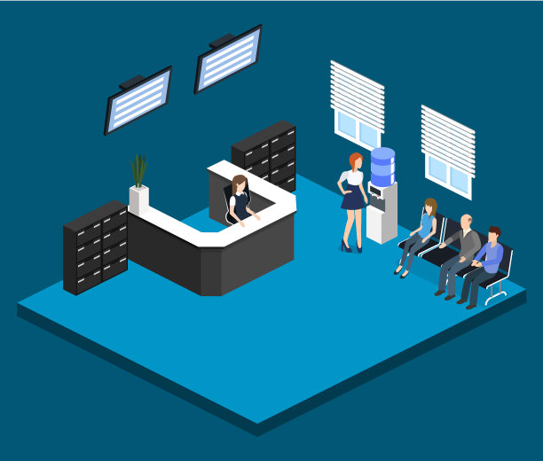 等距3D插图部门接待处内部与工作场所图片下载