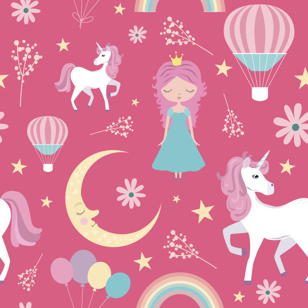 无缝模式与魔法元素和独角兽。矢量图图片下载