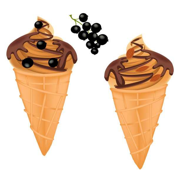 经典的蛋卷冰淇淋。冰淇淋焦糖奶油淋上巧克力。向量。图片下载