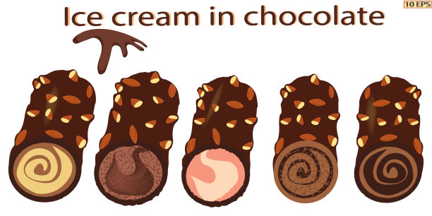 冰淇淋，一管巧克力奶油。带坚果的巧克力冰淇淋。淋上巧克力的水果冰淇淋。向量。图片下载