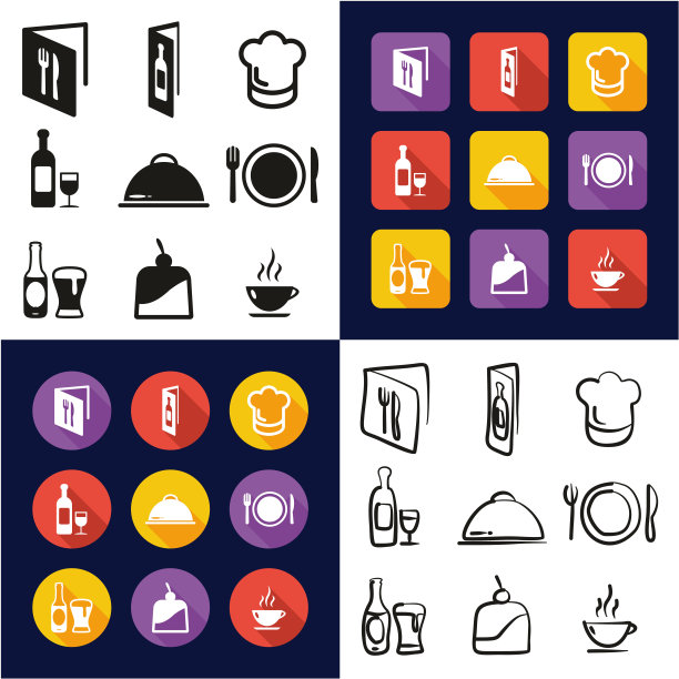 餐厅所有在一个图标黑白颜色平面设计徒手集图片下载